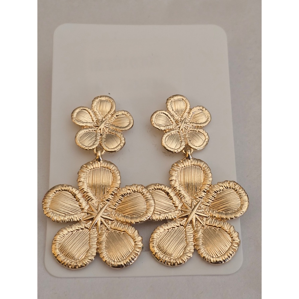 Gold Tone Double Flower‎ Drop Statement Earrings new